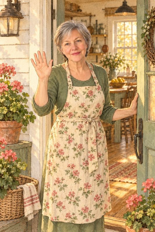 Betty waving from the doorway of her farmhouse