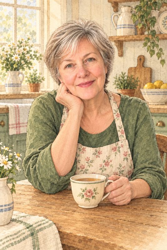 Betty sitting at her kitchen table with a cup of tea
