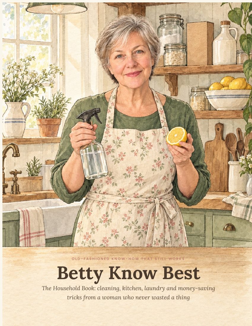 Cover of Betty Know Best: The Household Book, showing Betty in her kitchen holding a spray bottle and half a lemon
