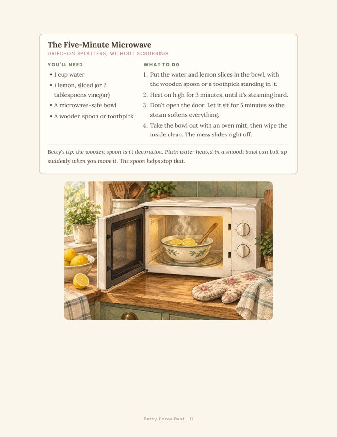 Book page: The Five-Minute Microwave recipe with an illustration